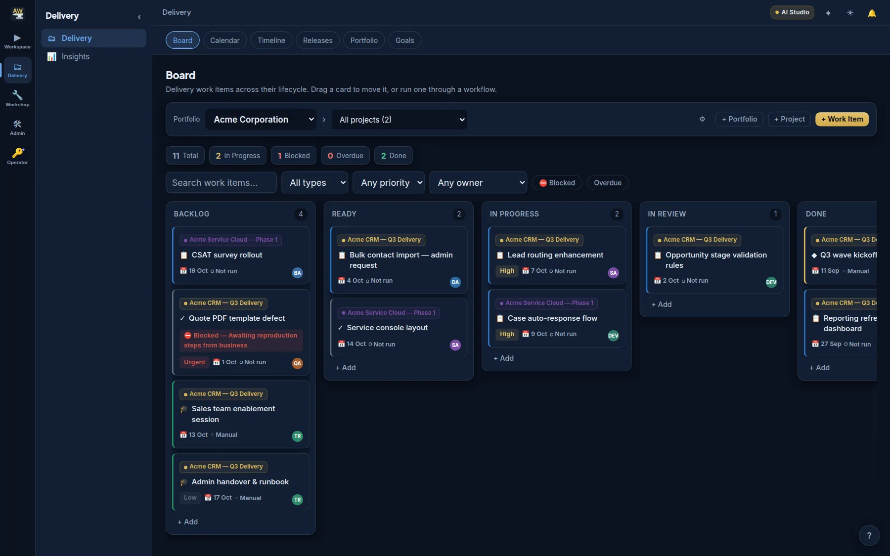 The Delivery board: work items across Backlog, Ready, In Progress, In Review and Done, each carded with its project, dates, and blocked state named in words.