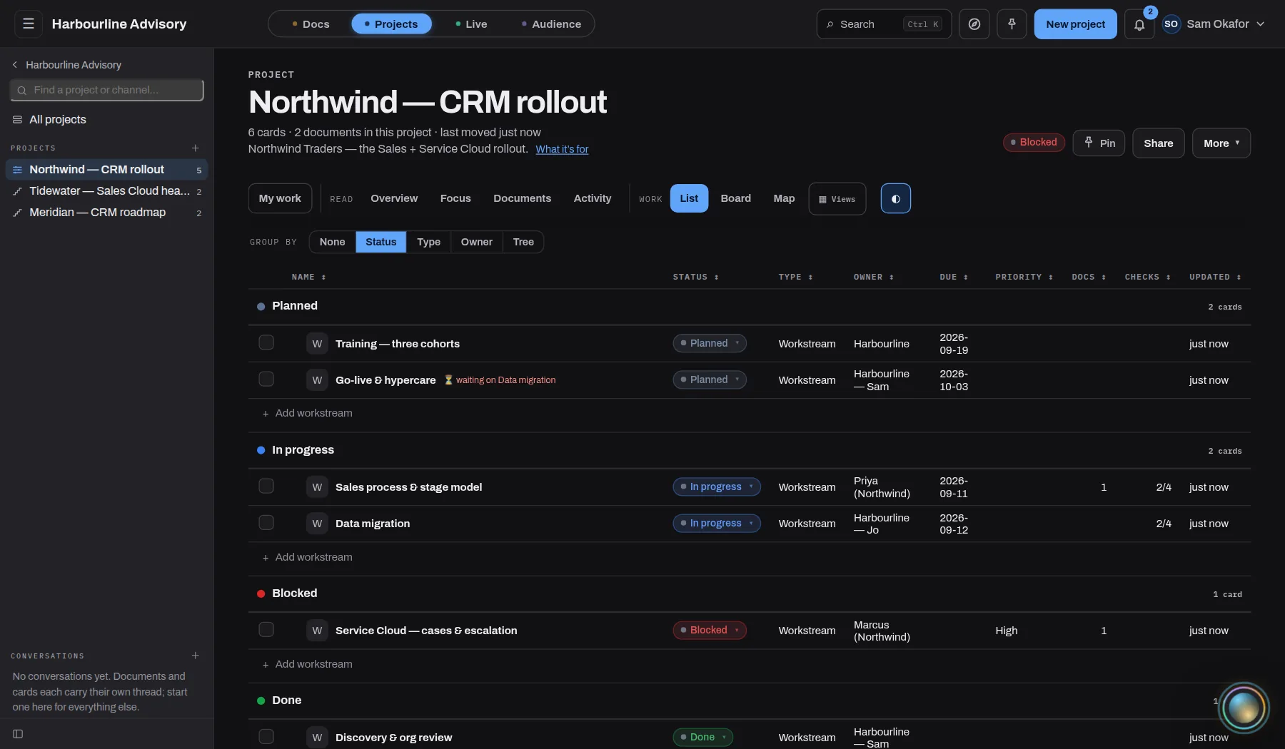 Profusia's Projects module: a client CRM rollout as a table grouped by status, each card carrying its owner, its due date, its documents and checklist, and what it is waiting on.
