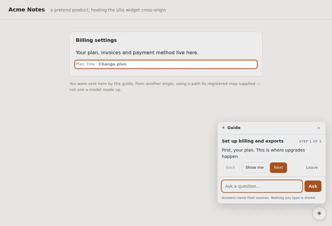 A guided walk in the Uiia widget: step one of three, 'First, your plan', with the plan control on the host page outlined, and Back, Show me and Next beside it.